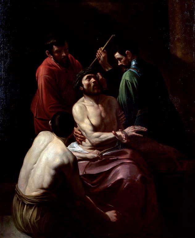 Cesare Corte, Incoronazione di spine, copia da Caravaggio (inizi del XVII secolo; olio su tela, 203 x 166 cm; Genova, San Bartolomeo della Certosa)