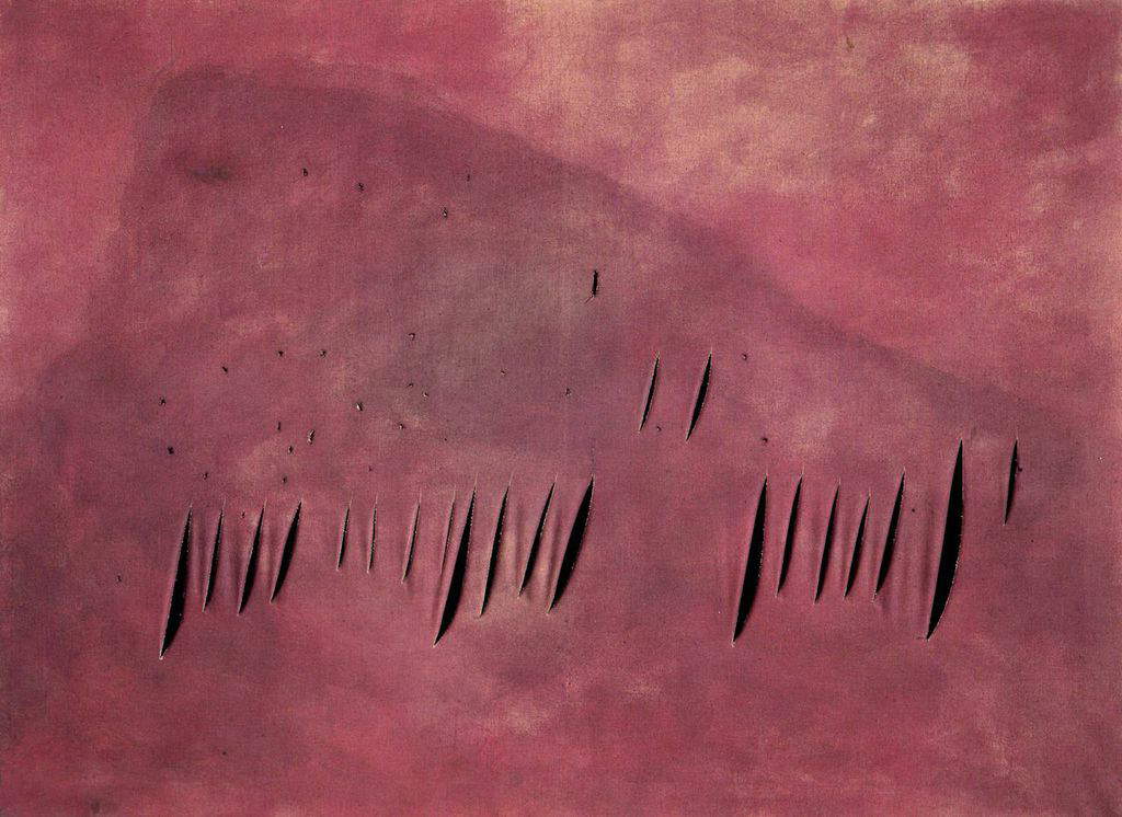 Lucio Fontana, Räumliches Konzept. Waiting (1959; Anilin, Schnitte und Löcher auf Leinwand, 97 x 130 cm; Mailand, Fondazione Lucio Fontana), Kat. 59 T 1  Lucio Fontana, Räumliches Konzept. Waiting (1959; Anilin, Schnitte und Löcher auf Leinwand, 97 x 130 cm; Mailand, Fondazione Lucio Fontana), Kat. 59 T 1