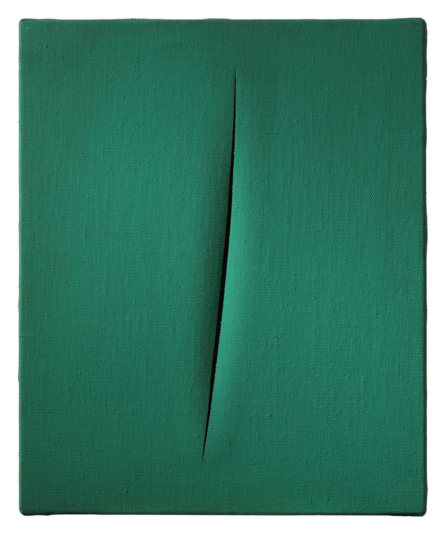 Lucio Fontana, Räumliches Konzept. Erwartungen (1963-1964; idropittura su tela, 47 x 38,5 cm; Collezione privata), cat. 63-64 T 18. © Fondazione Lucio Fontana
  Lucio Fontana, Räumliches Konzept. Erwartungen (1963-1964; idropittura su tela, 47 x 38,5 cm; Collezione privata), cat. 63-64 T 18. © Fondazione Lucio Fontana