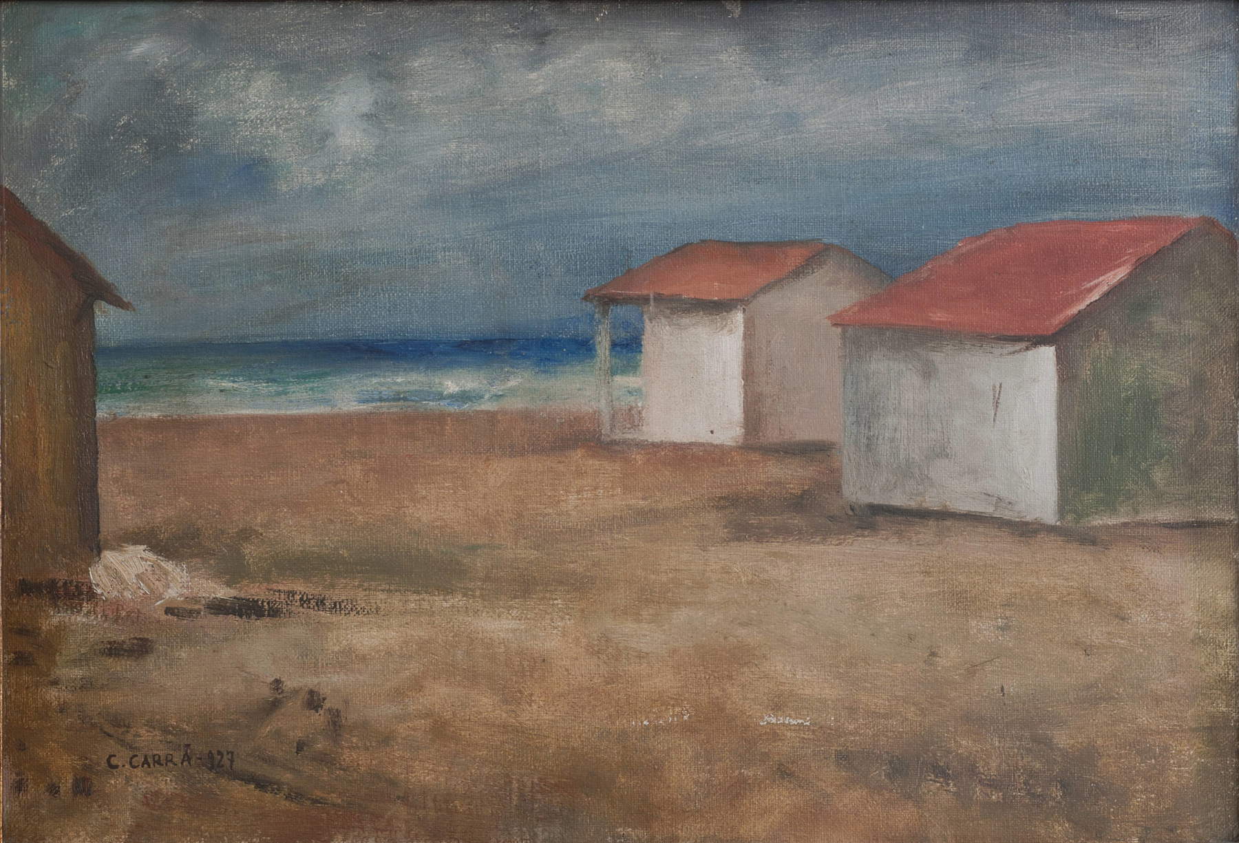 Carlo Carrà, Capanni sul mare (1927; olio su tela applicata su cartone, 44 x 63 cm; Torino, GAM - Galleria Civica d'Arte Moderna e Contemporanea)
Carlo Carrà, Capanni sul mare (1927; olio su tela applicata su cartone, 44 x 63 cm; Torino, GAM - Galleria Civica d'Arte Moderna e Contemporanea)