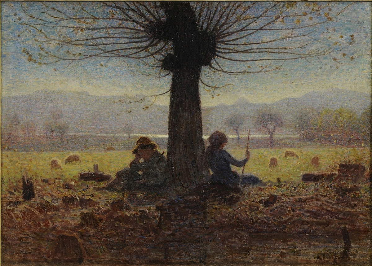 Giuseppe Pellizza da Volpedo, I due pastori nel prato di Mongini (Novembre) (1901; olio su tela, 45,3 x 62,2 cm; Torino, GAM - Galleria Civica d'Arte Moderna e Contemporanea)
Giuseppe Pellizza da Volpedo, I due pastori nel prato di Mongini (Novembre) (1901; olio su tela, 45,3 x 62,2 cm; Torino, GAM - Galleria Civica d'Arte Moderna e Contemporanea)