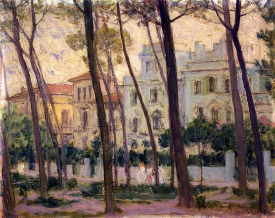 Galileo Chini, Villette in pineta a Viareggio (1930; olio su tavola, 44 x 55 cm; Collezione privata)
Galileo Chini, Villette in pineta a Viareggio (1930; olio su tavola, 44 x 55 cm; Collezione privata)