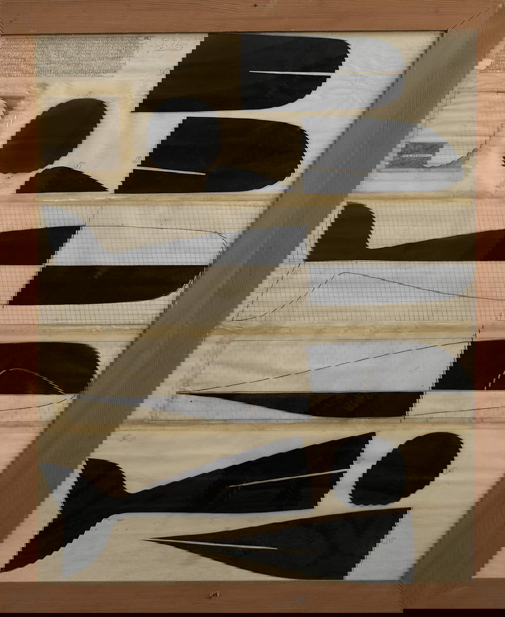 Pino Pascali, Proyecto ballena (1966). El proyecto autografiado representa las fases detalladas de realización mediante la técnica del lienzo acanalado de una de sus grandes 