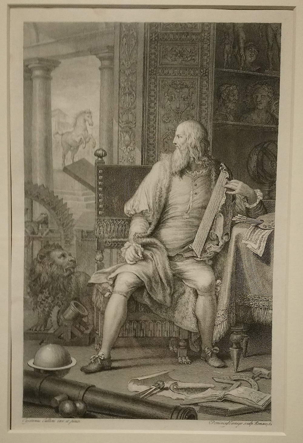 Domenico Cunego, Leonardo da Vinci in seinem Arbeitszimmer (1782; Radierung, 319 x 206 mm der Druck, 381 x 241 mm das Blatt; Parma, Complesso Monumentale della Pilotta, Palatina-Bibliothek, Sammlung Ortalli) 
