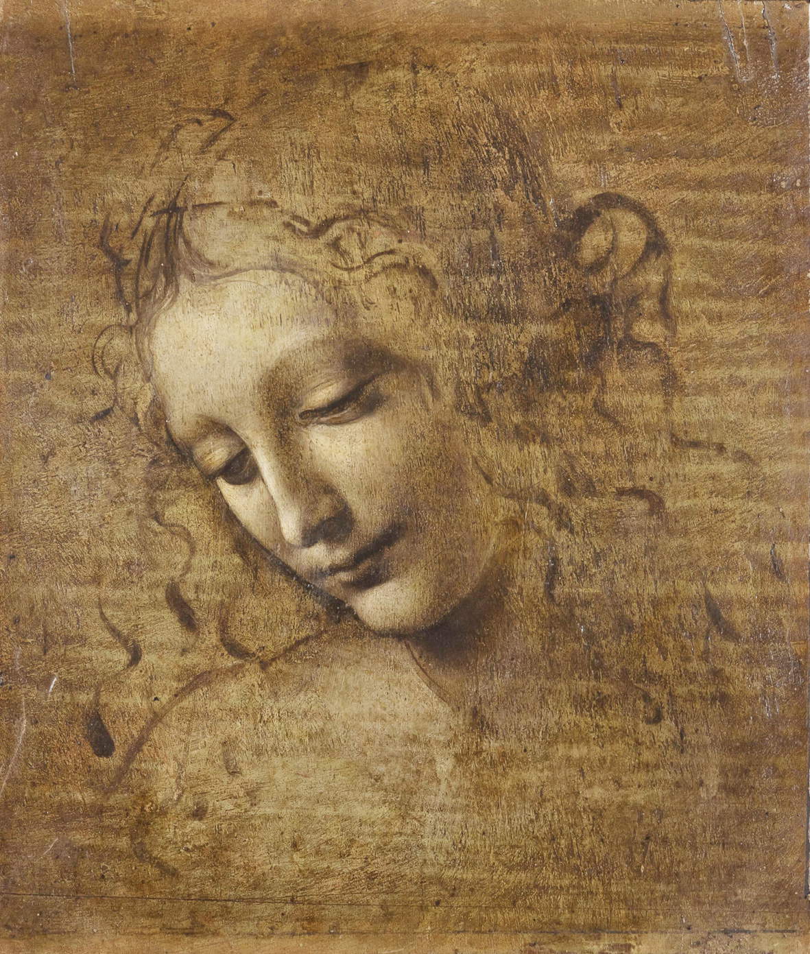 Leonardo da Vinci, Kopf einer Frau, bekannt als La Scapiliata (um 1492 - 1501; Bleiweiß mit Eisen- und Zinnoberpigmenten, auf Bleiweißpräparat mit Kupfer-, Bleigelb- und Zinnpigmenten auf Nussbaumplatte, 24,7 x 21 cm; Parma, Complesso Monumentale della Pilotta, Galleria Nazionale) 
