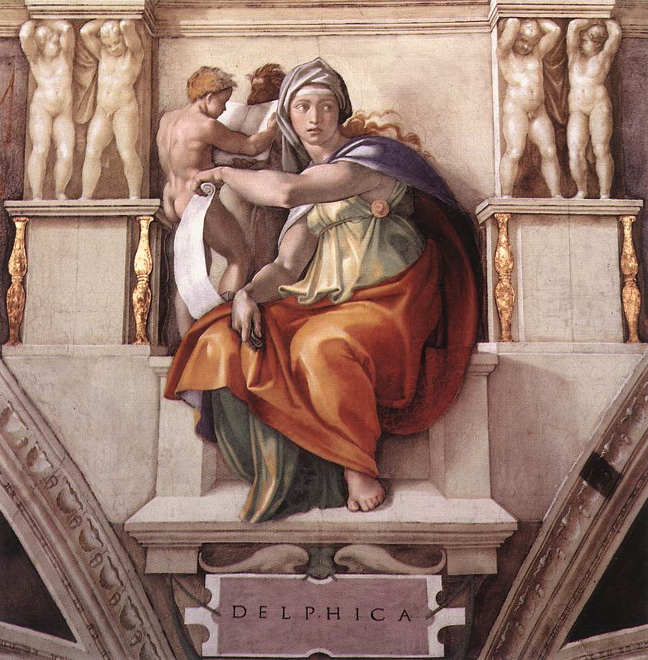 Michelangelo, Sibilla Delfica (um 1508-1510; Fresko; Vatikanstadt, Sixtinische Kapelle, Gewölbe)