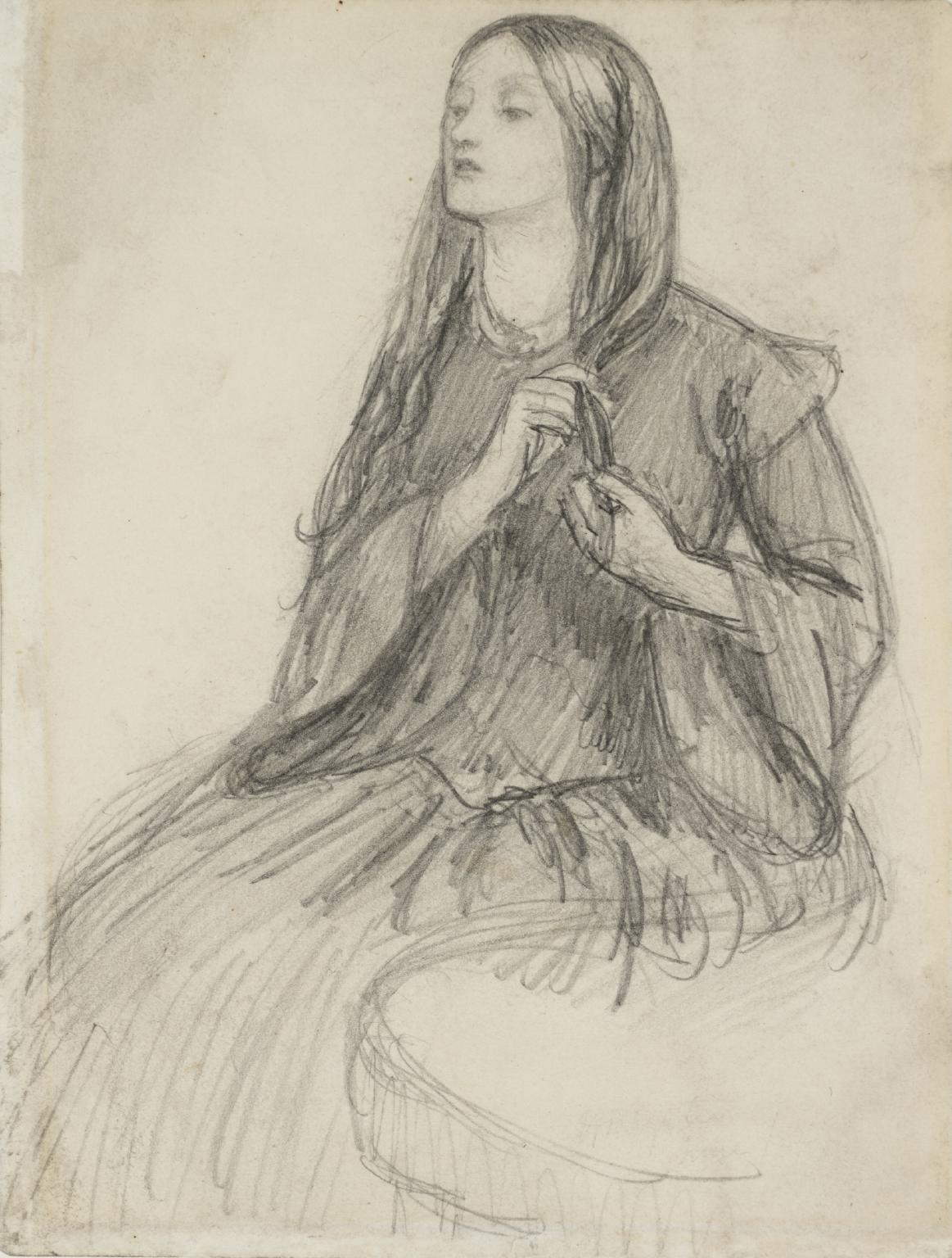 Dante Gabriel Rossetti, Elizabeth Siddal si fa la treccia (1855 circa; grafite su carta, 17,1 x 12,7 cm; Londra, Tate Britain)