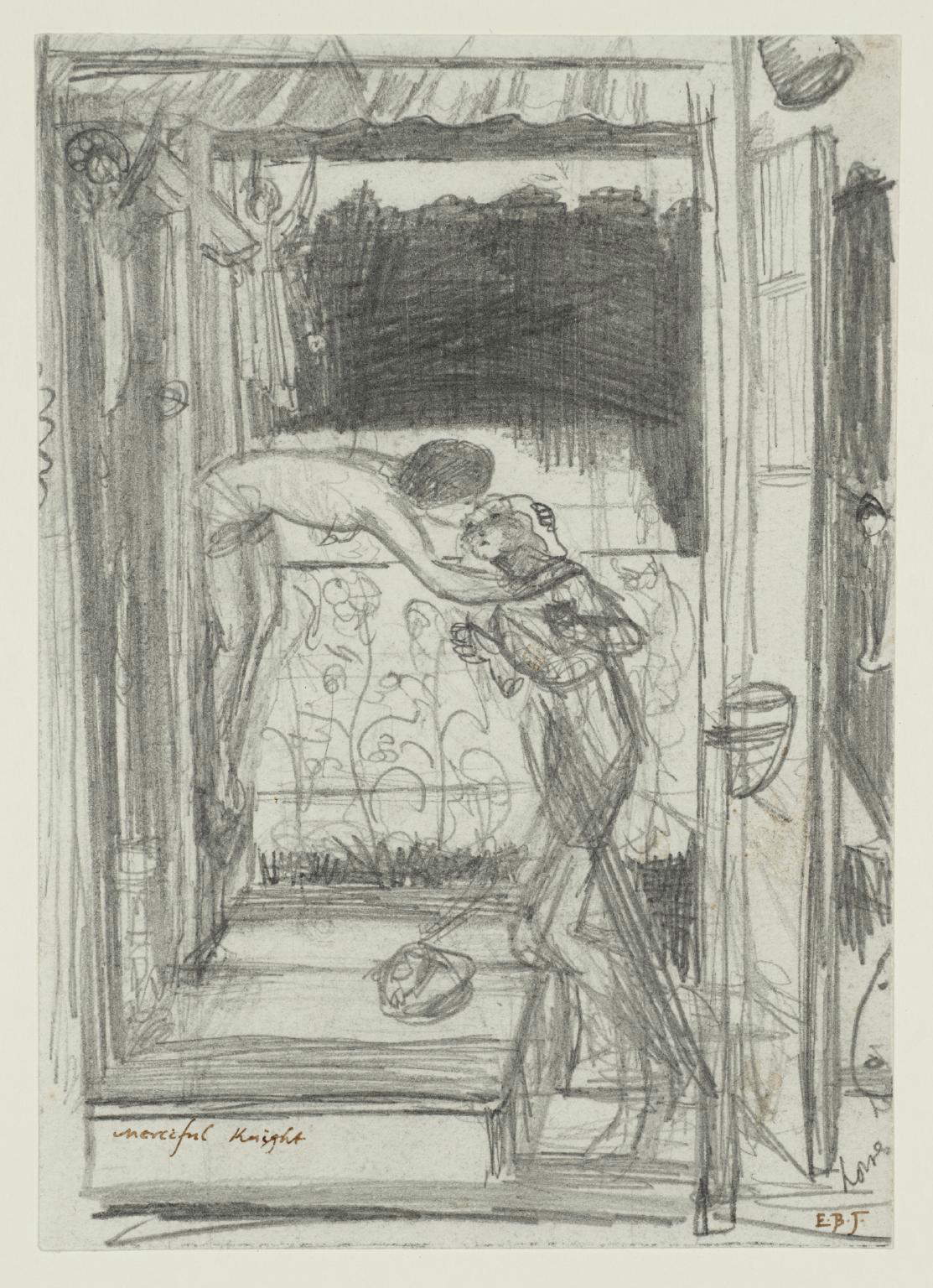 Edward Burne-Jones, Studio di composizione per Il cavaliere misericordioso (1863 circa; grafite su carta, 25,2 x 15,3 cm; Londra, Tate Britain)