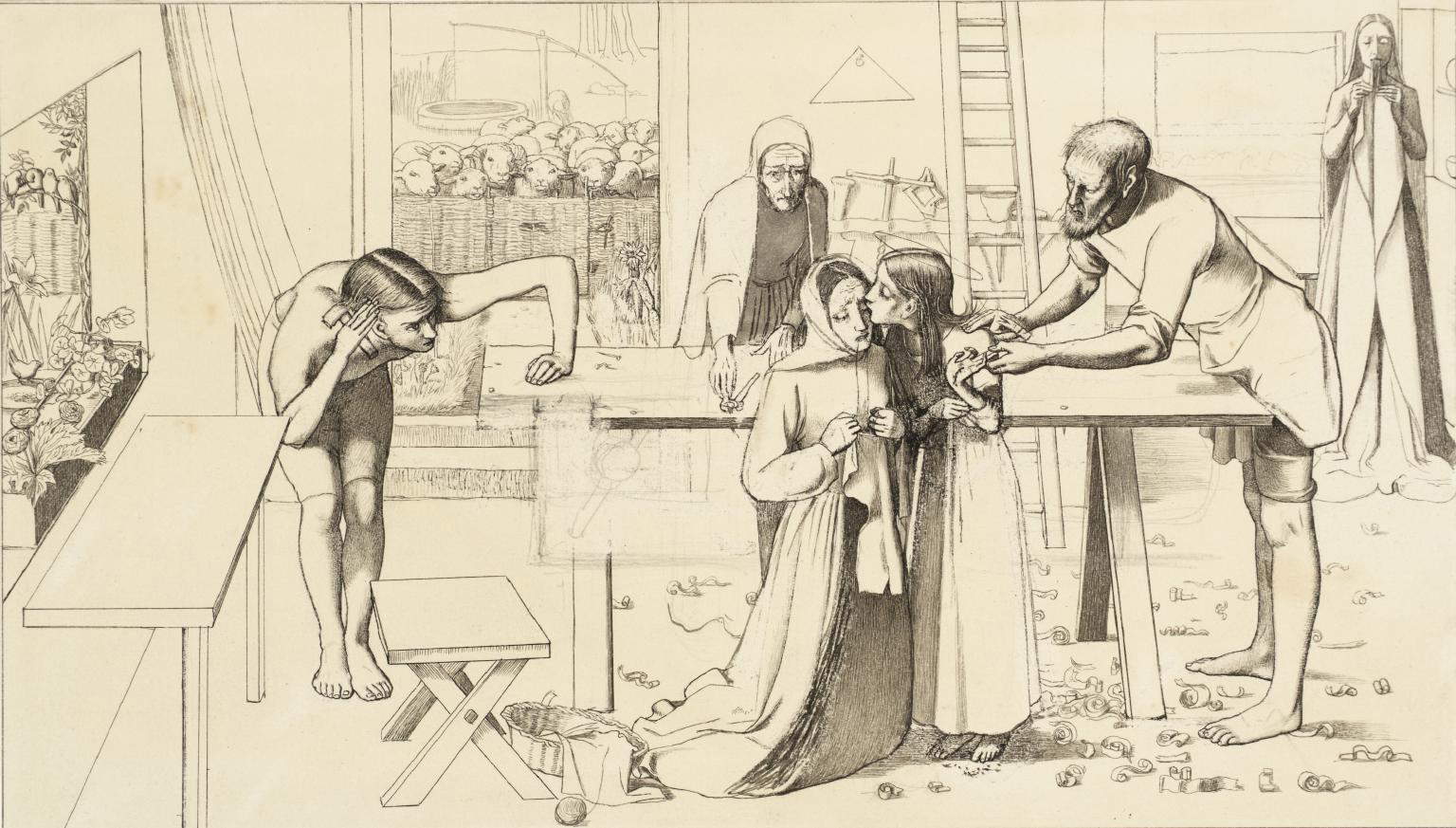 John Everett Millais, Studio per Cristo in casa dei suoi genitori (1849 circa; grafite su carta, 19 x 33,7 cm; Londra, Tate Britain)