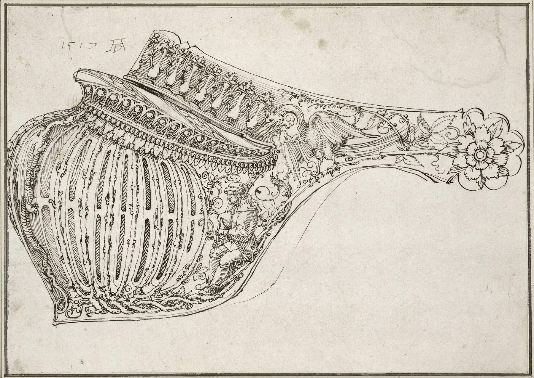 Albrecht Dürer, Visiera per elmo da torneo (1517; penna e inchiostro bruno su carta, 194 x 276 mm; New York, Metropolitan Museum)
