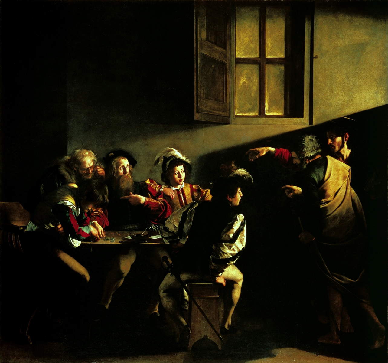 Caravaggio, Vocazione di san Matteo (1599-1600; olio su tela, 322 x 340 cm; Roma, San Luigi dei Francesi, Cappella Contarelli)