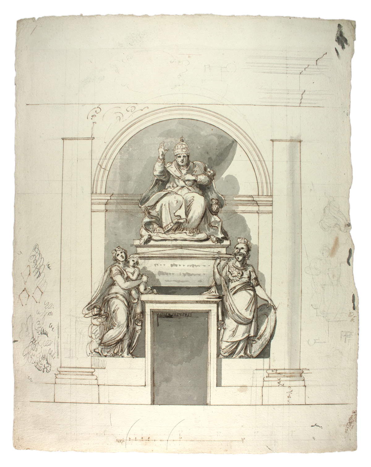 Antonio Canova, Studio per un monumento funebre ad un Papa (penna e acquarello, 50,6 x 39,7 cm; Venezia, Fondazione Musei Civici di Venezia, Museo Correr, Gabinetto dei Disegni e delle Stampe)