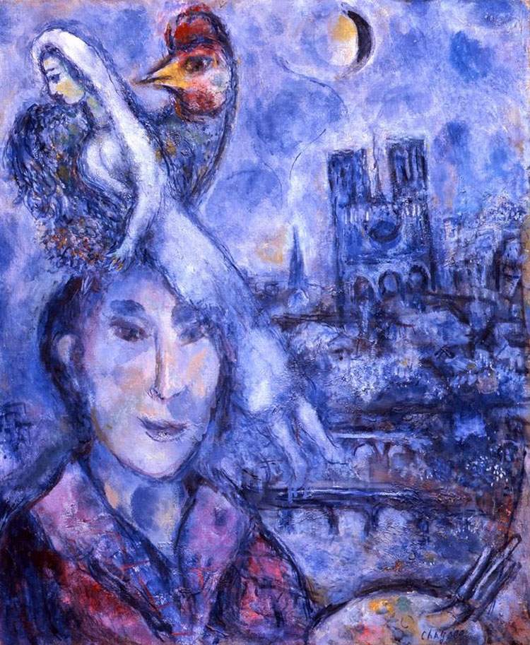 Les Offices s'envolent avec le cœur vers Paris. À l'entrée du palais Pitti est exposé l'Autoportrait de Chagall avec Notre-Dame à l'arrière-plan.