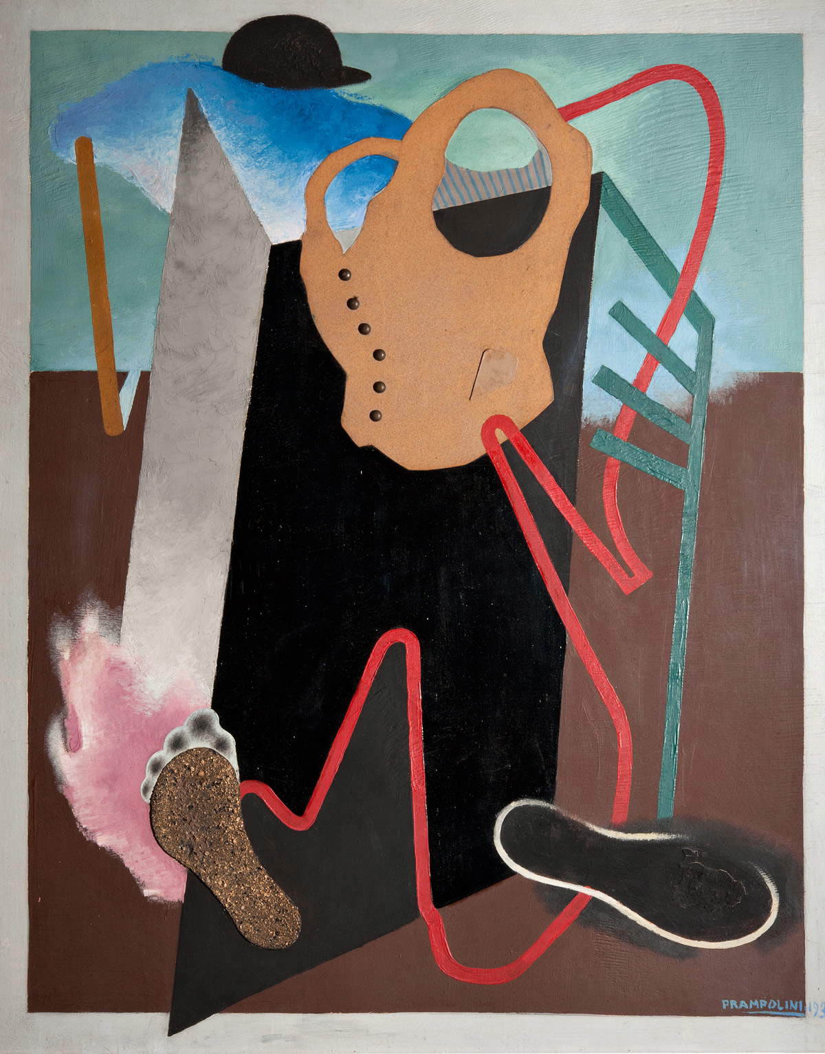 Enrico Prampolini, L'automate quotidien (1930 ; huile et collage sur panneau, 100 x 80 cm ; Rome, Galleria Nazionale d'Arte Moderna e Contemporanea)