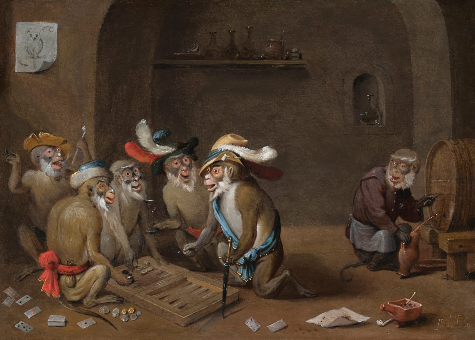 Frans Francken III, Monkey Games (allegory of the human condition) (ca. 1660; oil on copper, 22.5 x 31.5 cm)