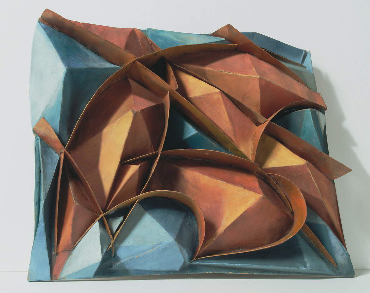 Giacomo Balla, Coloured Plastic Complex of Noise + Speed (c. 1914 ; bois, carton et feuille d'étain colorée à l'huile sur bois, 52 x 60 x 7 cm ; Collection privée). Courtesy Futur-ism, Rome, Italie &copy; Giacomo Balla, by SIAE 2019