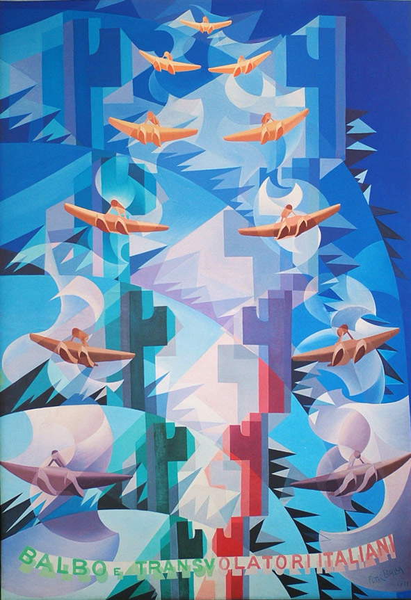 Giacomo Balla, Celeste metal aeroplane (Balbo and Italian Transvolatori) (1931 ; huile sur contreplaqué, 280 x 150 cm ; Rome, Aeronautica Militare, Museo Storico) &copy; Giacomo Balla, by SIAE 2019