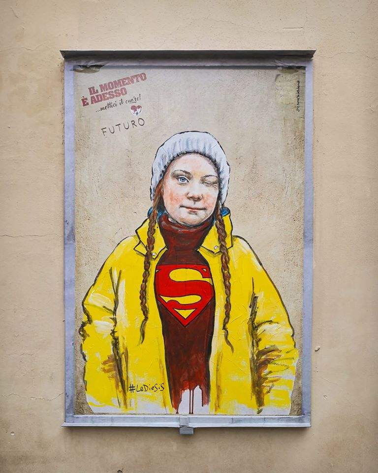 Florence, stolen image of Greta Thunberg made by street artist Lediesis for charity campaign