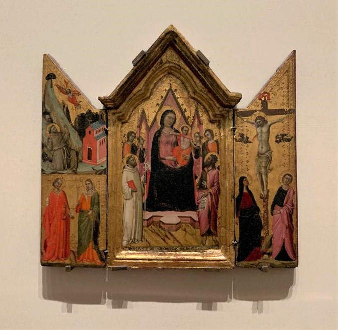 Jacopo del Casentino, Vierge à l'enfant trônant entre saint Bernard et saint Jean-Baptiste ; stigmates de saint François, sainte Marguerite et sainte Lucie ; crucifixion, 1320-25