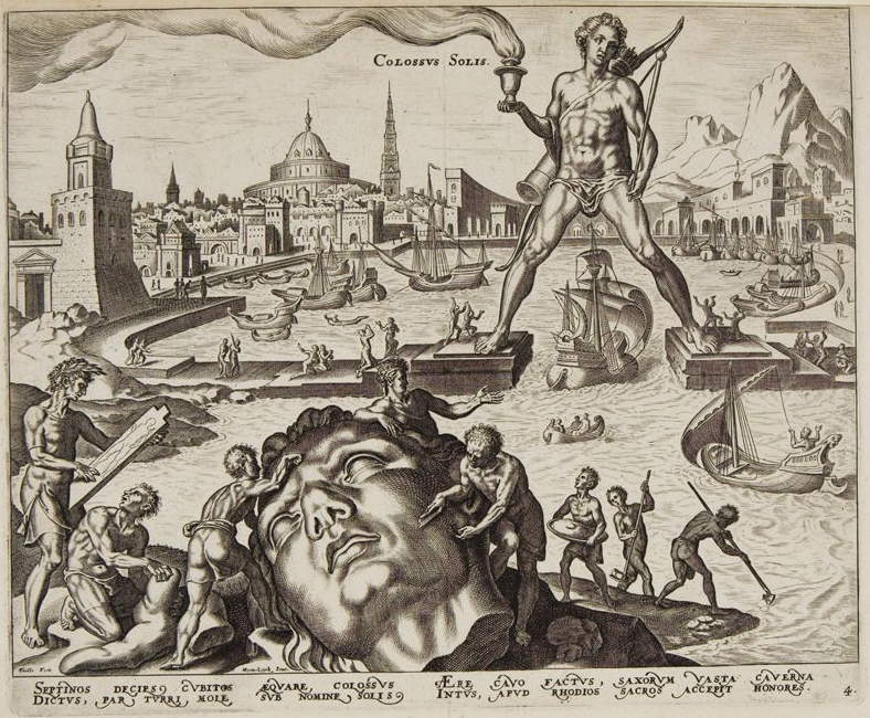 Philipp Galle, de Maarten van Heemskerck, El coloso de Rodas, de la serie Ocho maravillas del mundo (1572; grabado, 19,9 x 26,1 cm; Rotterdam, Museum Boijmans van Beuningen).