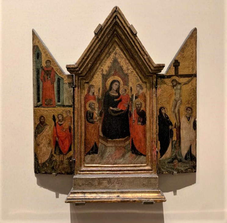 Pacino di Buonaguida et son atelier, Vierge trônant avec l'enfant, deux saints martyrs, saint Pierre et saint Paul, un saint diacre, saint Jean-Baptiste et saint Christophe (à gauche) ; Crucifixion avec la Vierge et saint Jean l'Évangéliste (à droite), 1320-1330.