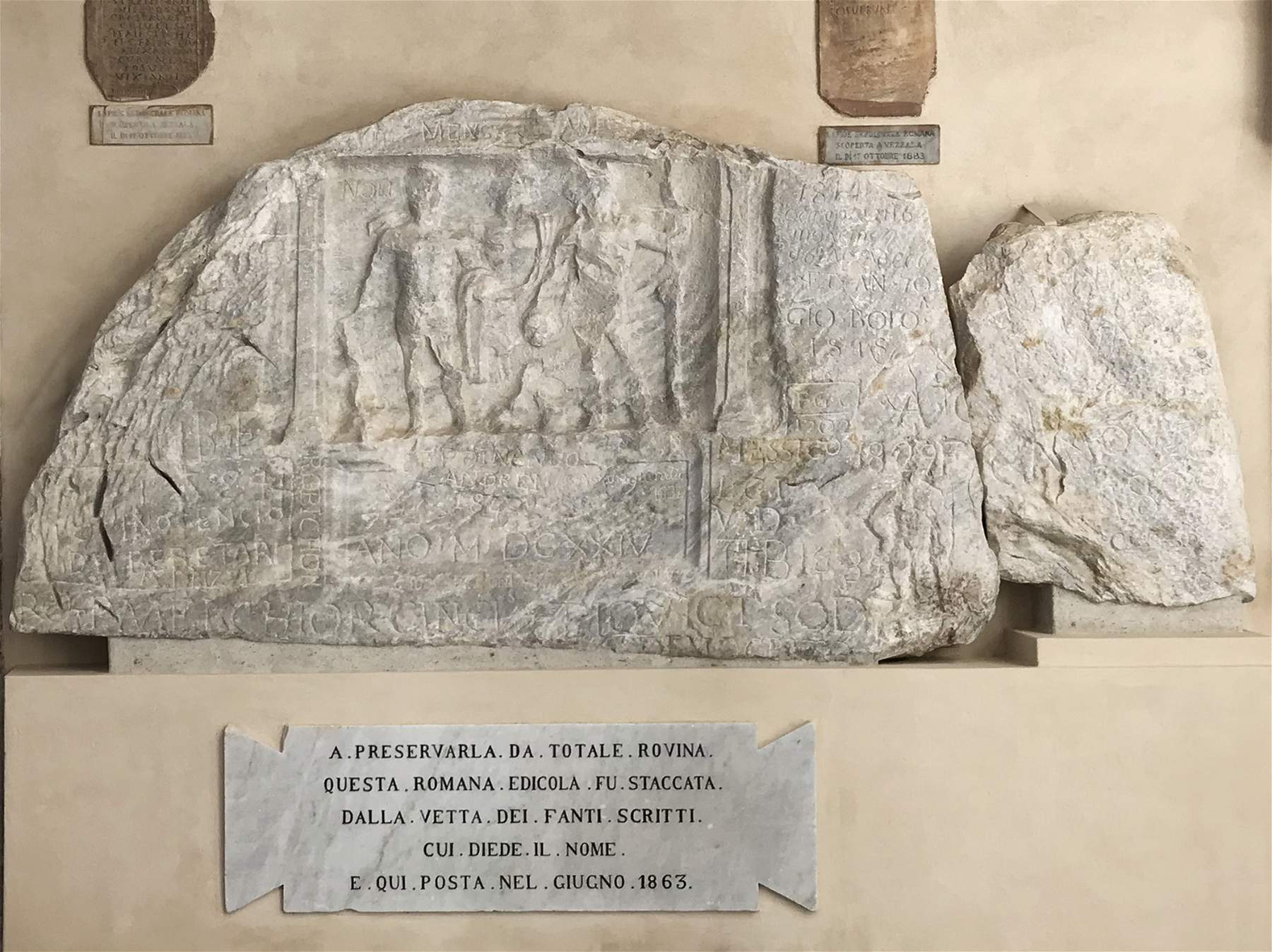 Carrara, finishes restoration of the Edicola di Fantiscritti, 3rd century bas-relief symbol of the city