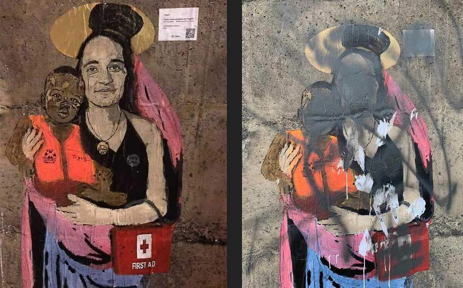 Taormina, des militants effacent la peinture murale de TvBoy représentant Carola Rackete : 