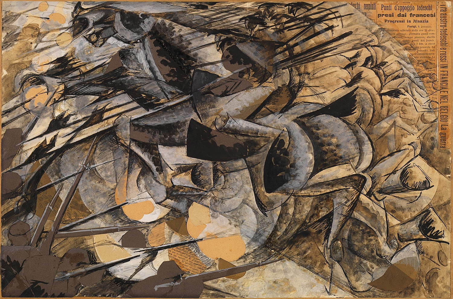 Umberto Boccioni, Charge des lanciers (1915 ; tempera et collage sur papier collé sur toile, 33,4 x 50,3 cm ; Milan, Museo del Novecento) &copy; Umberto Boccioni, by SIAE 2019