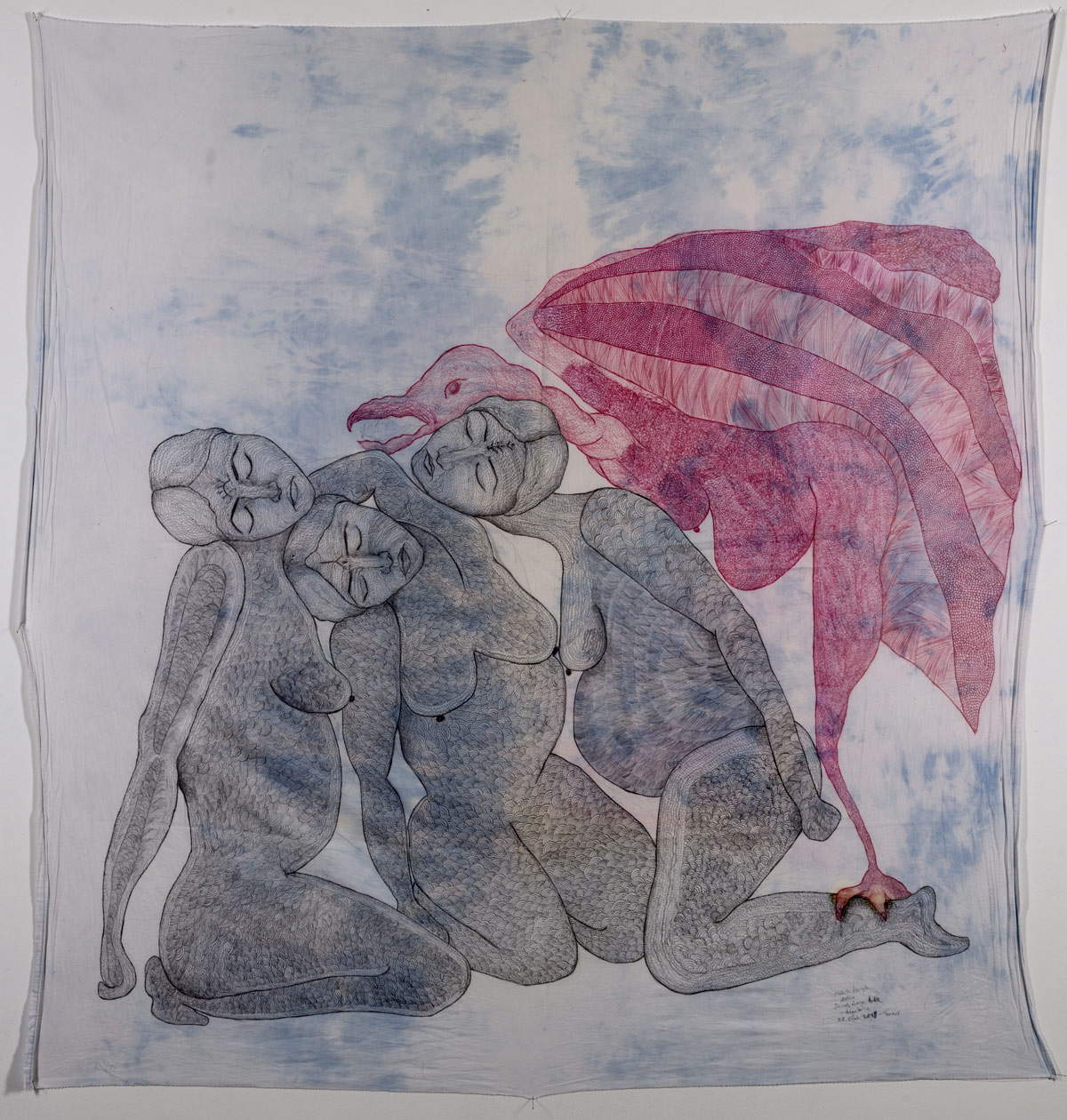 Zehra Doğan, Kuş kadinlar, Women bird (2019, Tarsus Prison; Biros auf Stoff, 150 x 142 cm). Bildnachweis: Jef Rabillon Zehra Doğan, Kuş kadinlar, Women bird (2019, Tarsus Prison; Biros auf Stoff, 150 x 142 cm). Bildnachweis: Jef Rabillon