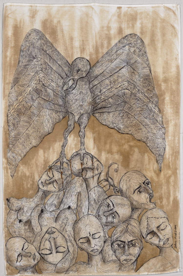Zehra Doğan, Gever (26. Februar 2018, Diyarbakir-Gefängnis; Kugelschreiber, Tee auf Handtuch, 146 x 97 cm). Bildnachweis: Jef Rabillon Zehra Doğan, Gever (26. Februar 2018, Diyarbakir-Gefängnis; Kugelschreiber, Tee auf Handtuch, 146 x 97 cm). Bildnachweis: Jef Rabillon
