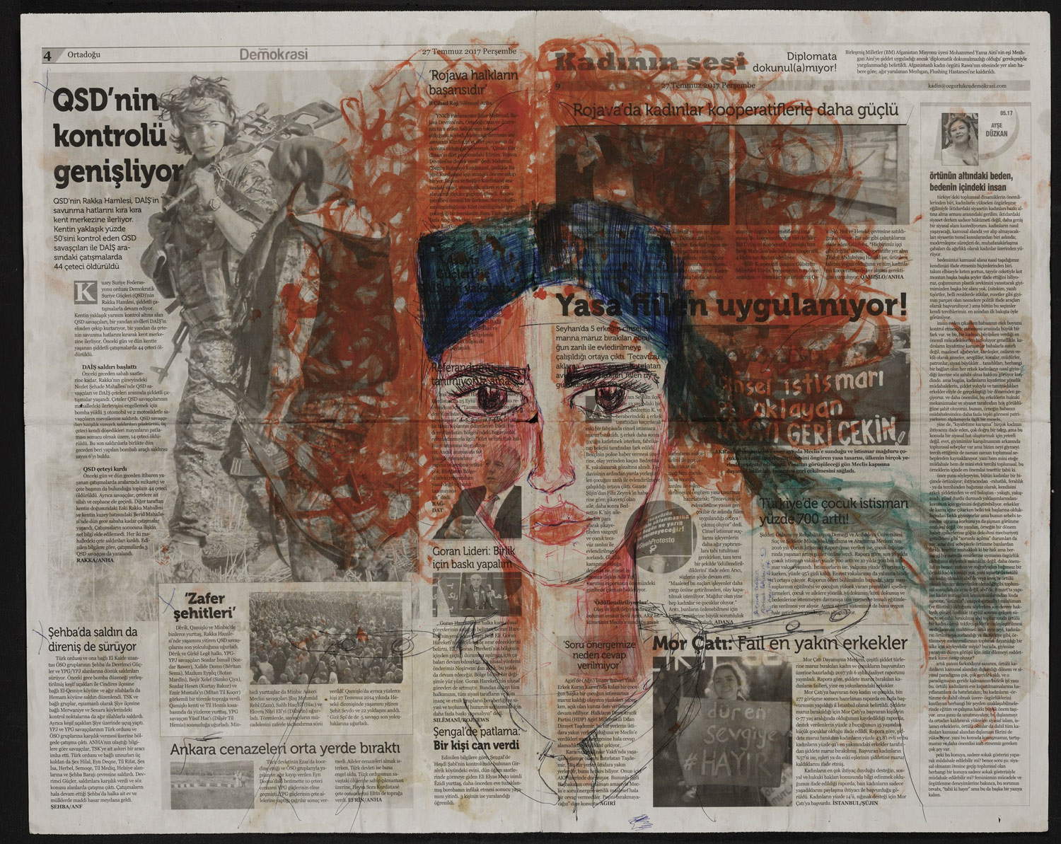 Zehra Doğan, Özdinamik, Auto-dinamica (2017, carcere di Diyarbakir; penna a sfera, caffè, curcuma, succo di prezzemolo su giornale, 67 x 56 cm). Photo credit: Jef Rabillon Zehra Doğan, Özdinamik, Self-dynamic (2017, Diyarbakir Prison; Kugelschreiber, Kaffee, Kurkuma, Petersiliensaft auf Zeitung, 67 x 56 cm).  Bildnachweis: Jef Rabillon