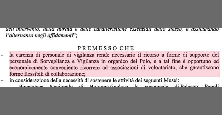 Lo stralcio del bando del Polo Museale dell'Emilia Romagna sulla convenienza economica del volontariato
