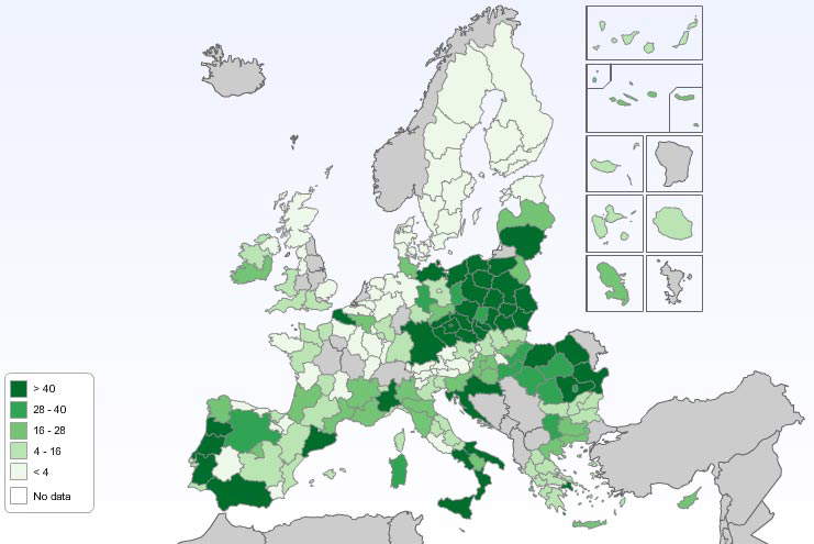 Gasto de la UE en cultura con cargo a los Fondos Europeos de Desarrollo Regional (en millones de euros). Fuente: Comisión Europea
  Gasto de la UE en cultura con cargo a los Fondos Europeos de Desarrollo Regional (en millones de euros). Fuente: Comisión Europea