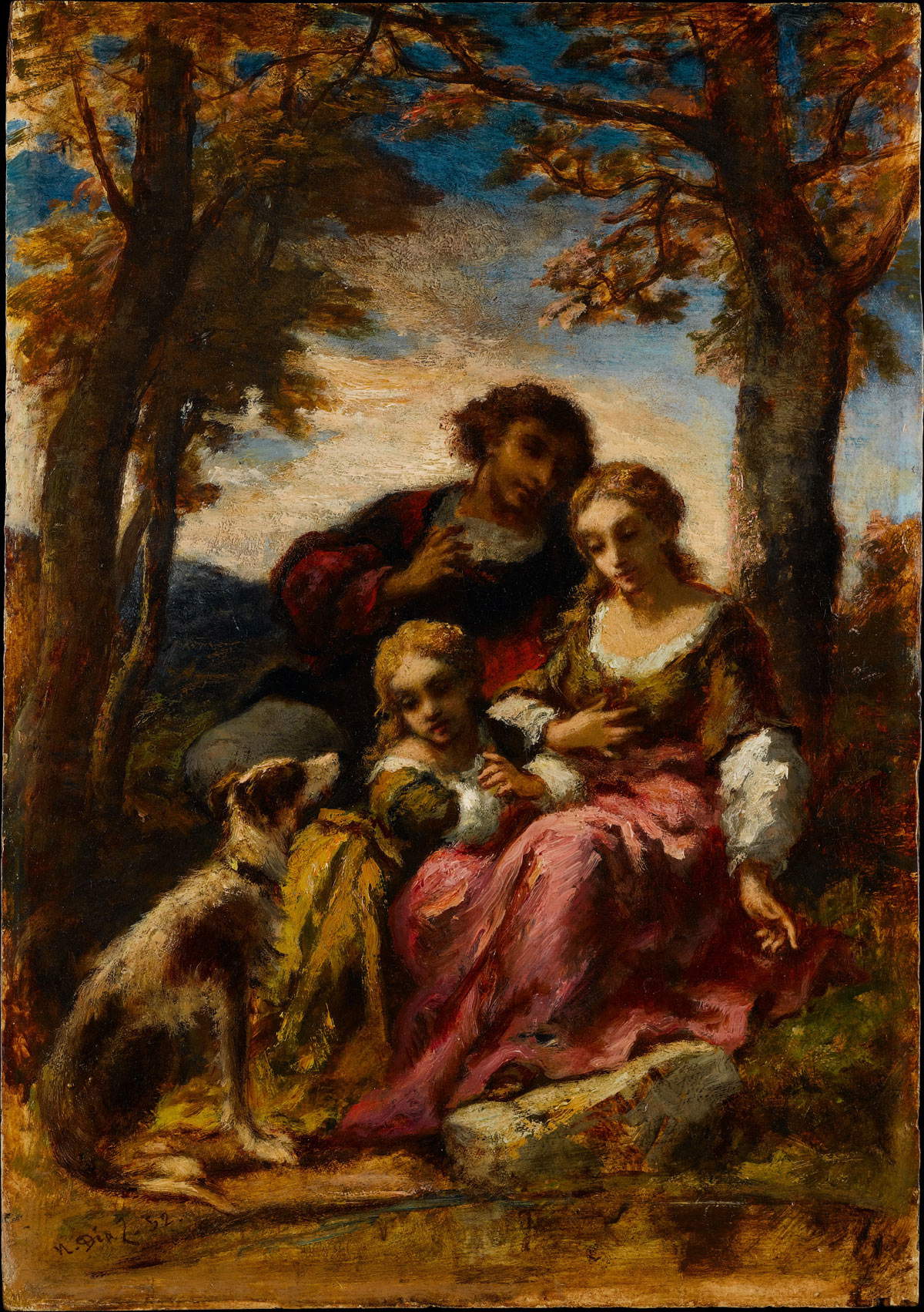 Narcisse Díaz de la Peña, Figures avec chien dans un paysage (1852 ; huile sur panneau, 43,8 x 29,8 cm ; New York, Metropolitan Museum)