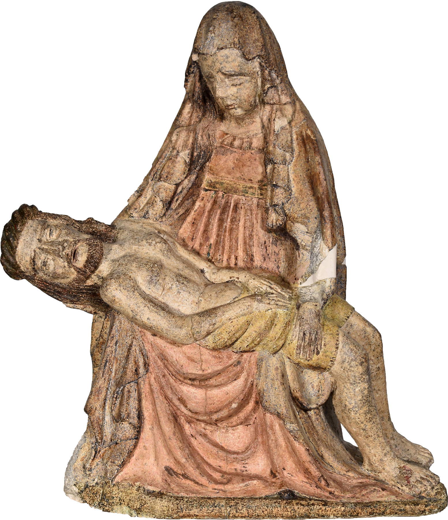 Ambitus allemand, Vierge au Christ mort ou Vesperbild connue sous le nom de Madonna della Cona (seconde moitié du XVe siècle ; sculpture en pierre peinte, 57 x 49 x 19 cm ; Castelsantangelo sul Nera, localité Forca di Gualdo, église de la Madonna della Conaora ; conservée à Ancône, Mole Vanvitelliana, dépôt d'urgence du MiBAC, emplacement H5a).