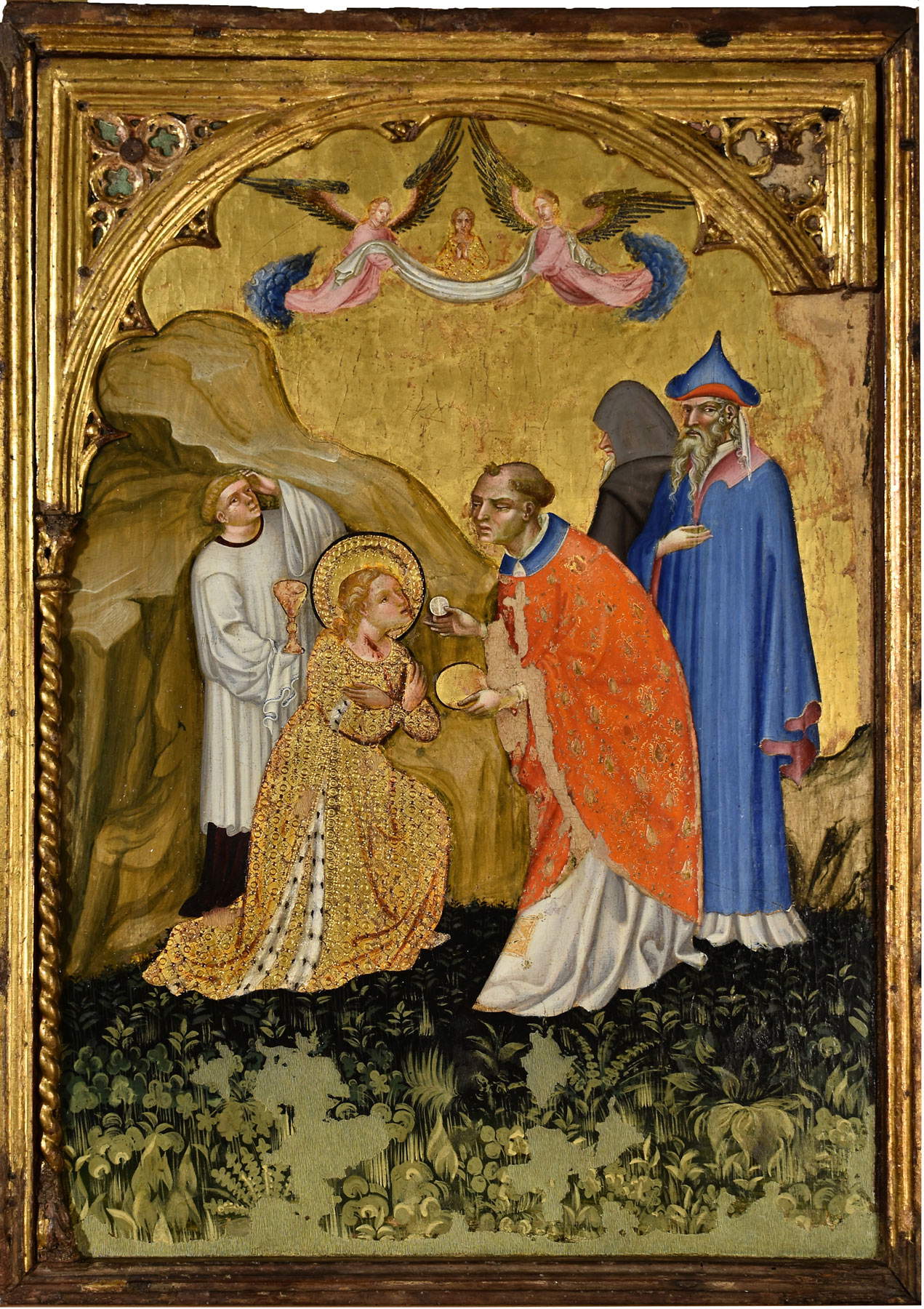 Jacobello del Fiore, Scènes de la vie de sainte Lucie - Lucie reçoit l'Eucharistie (vers 1410 ; tempera et dorure sur panneau, 60 x 80 cm ; Fermo, Pinacoteca Civica, Palazzo dei Priori)