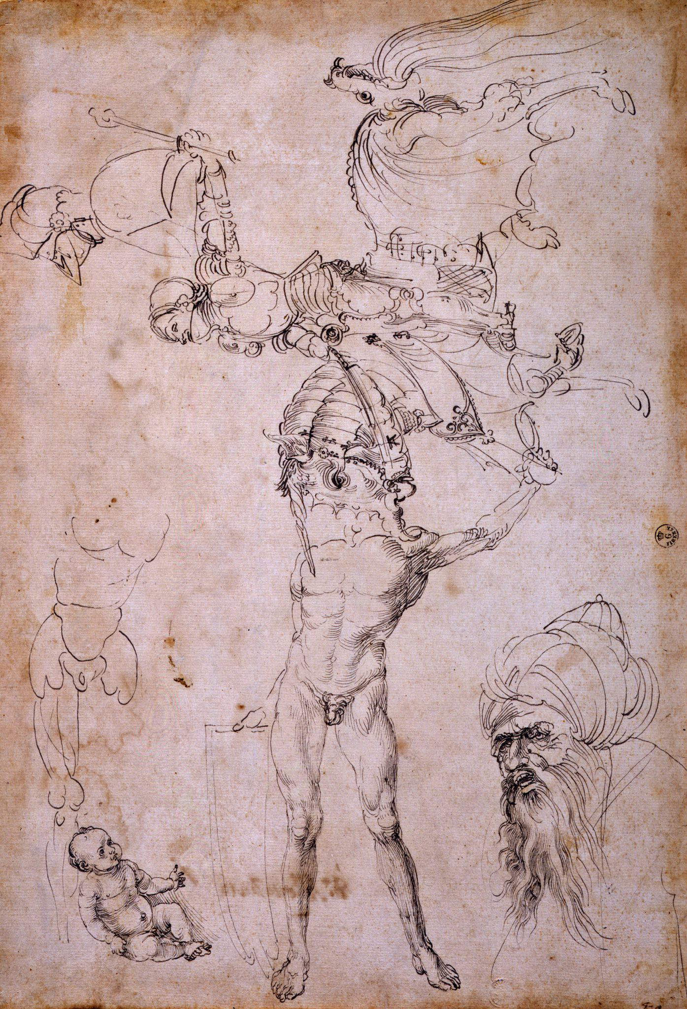 Alberto Durero, Lámina con varios estudios (c. 1495; pluma de tinta negra y gris sobre papel, 370 x 255 mm; Florencia, Gallerie degli Uffizi, Gabinetto dei Disegni e delle Stampe, inv. 1049E)