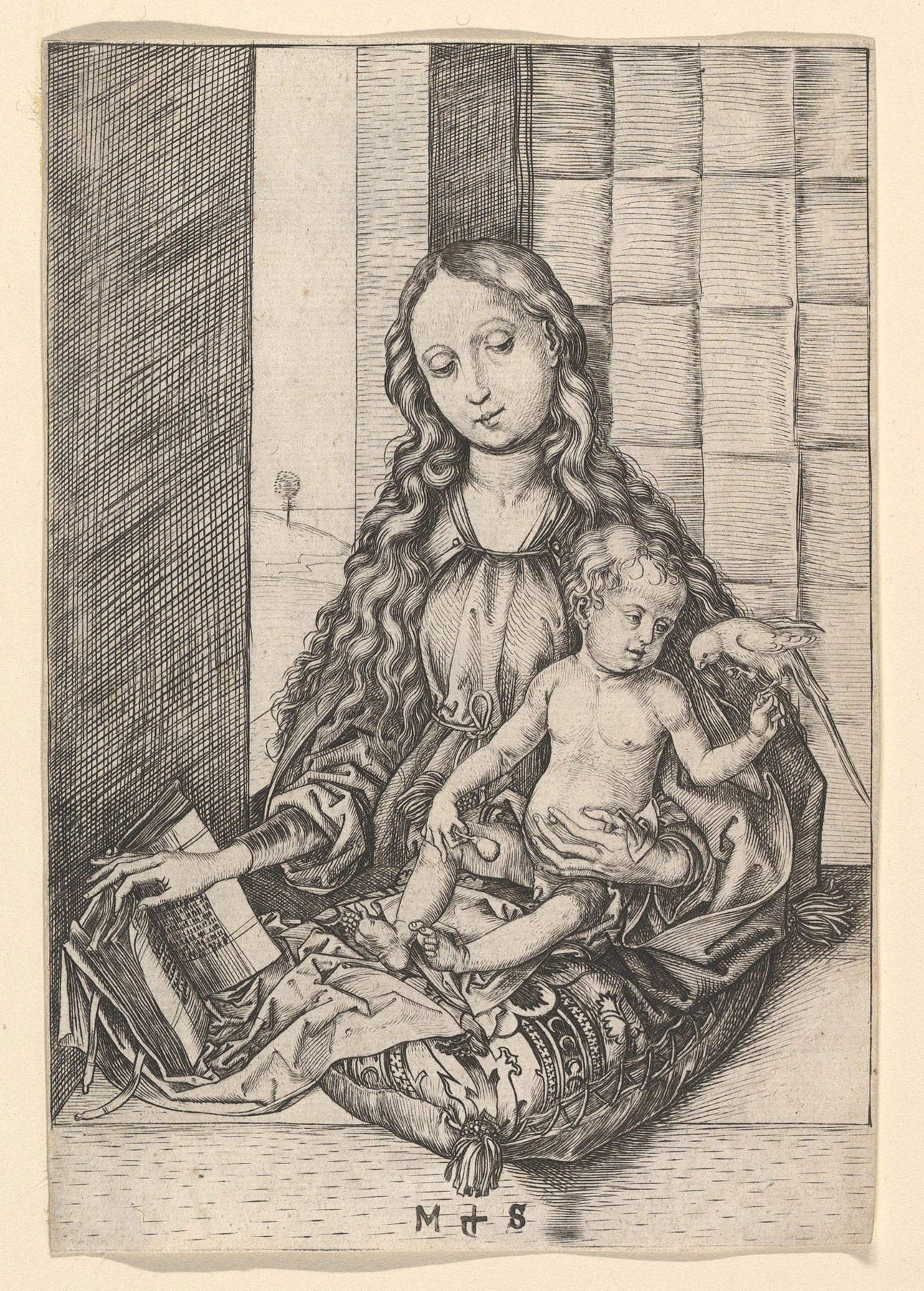 Martin Schongauer, Virgen del loro (c. 1470-75; buril, 155,8×107 mm; Nueva York, Museo Metropolitano de Arte)