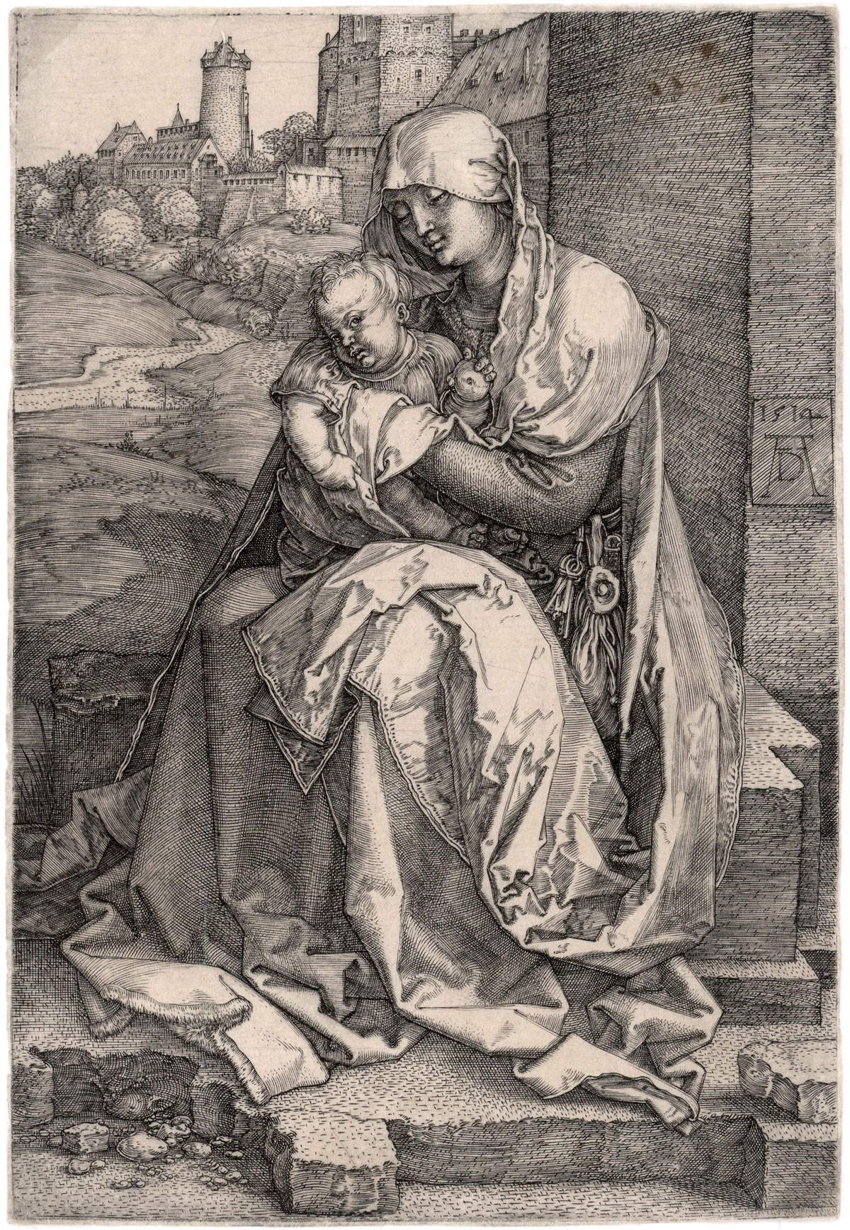 Albrecht Dürer, La Madonna col Bambino seduta presso un muro (1514; bulino, 147 x 101 mm, esemplare privo di margini; esemplare di unico stato, variante A secondo Meder; iscrizioni: a destra, verso il centro, data e monogramma AD)