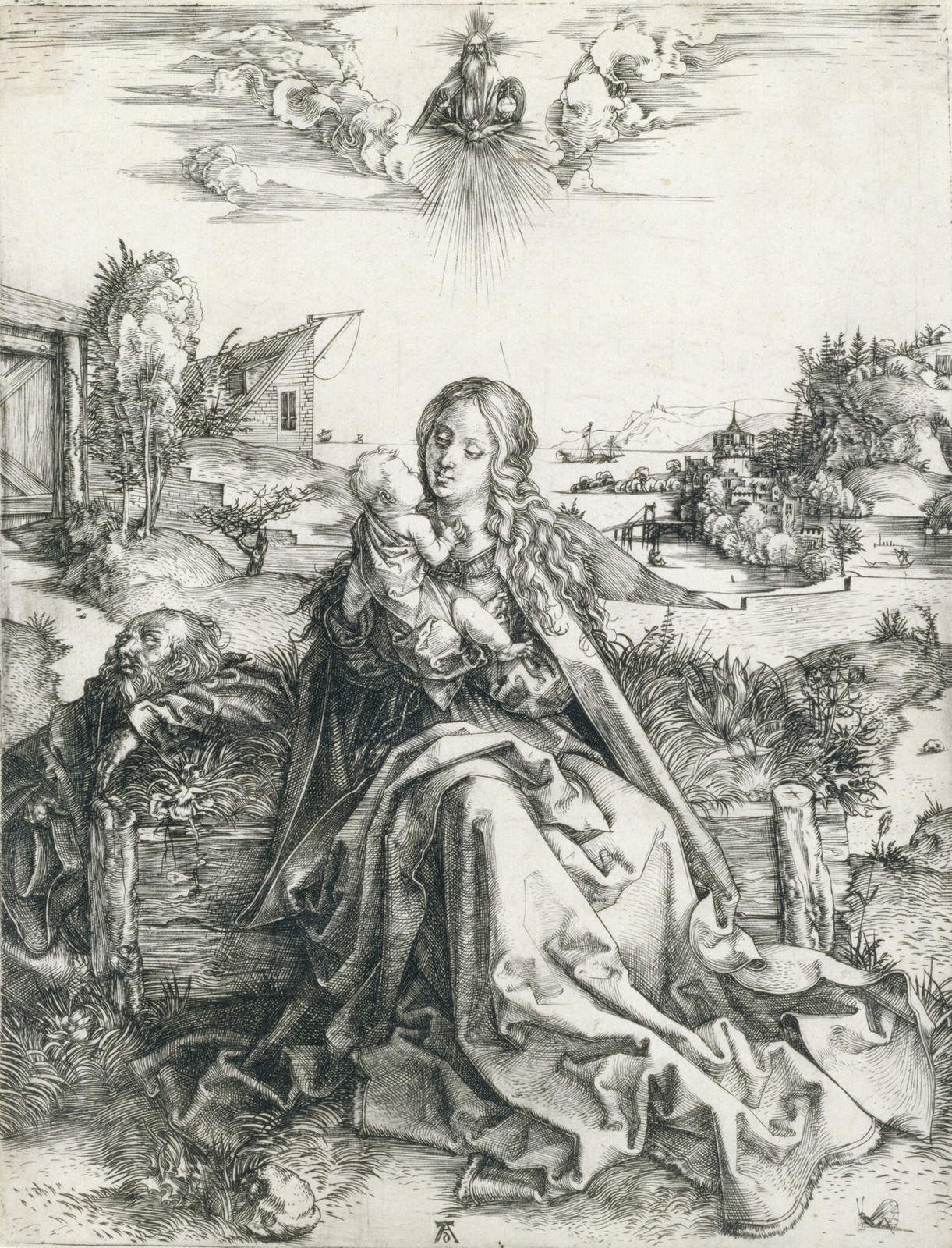 Albrecht Dürer, La Sacra Famiglia della libellula (1495 circa; bulino, 240 x 188 mm, esemplare privo di margini; esemplare di unico stato, con caratteristiche simili alla variante C secondo Meder; iscrizioni: in basso al centro monogramma AD; filigrana parzialmente visibile ma non identificabile; Pavia, Musei Civici)