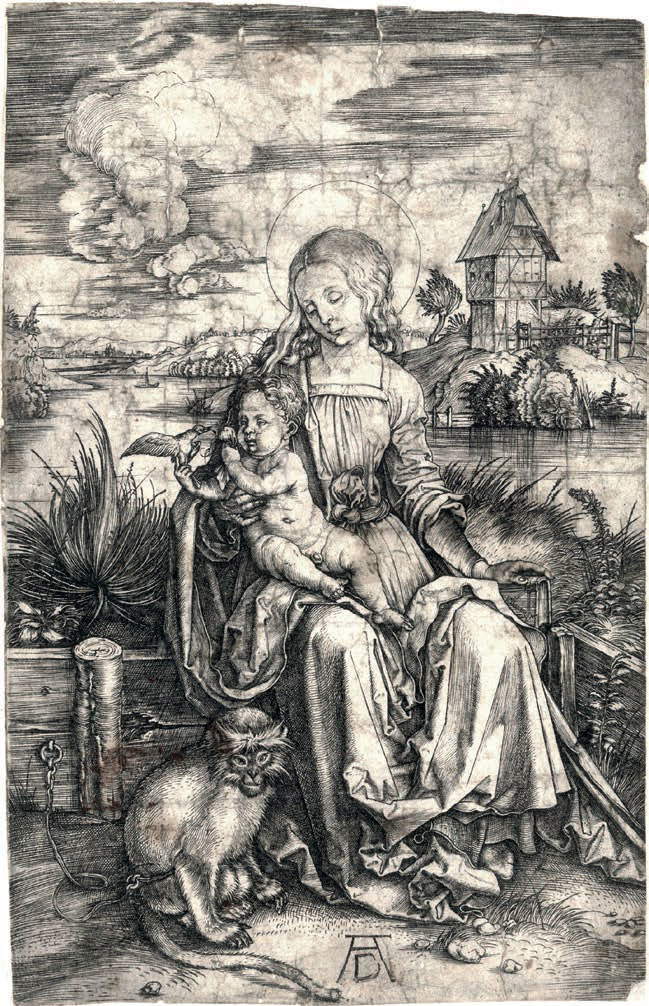 Albrecht Dürer, Madonna della scimmia (1497-98; bulino, 189 x 121 mm, esemplare privo di margini; esemplare di unico stato, con caratteristiche simili alla variante E o F secondo Meder; iscrizioni: monogramma AD in basso al centro; Novara, Musei Civici)