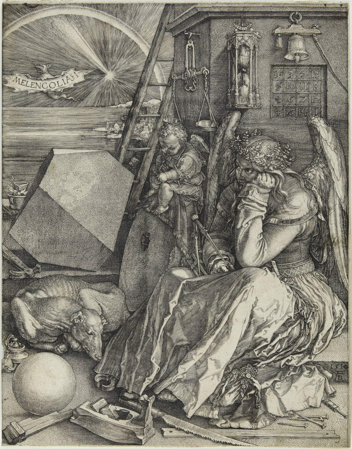 Albrecht Dürer, Melencolia I (Melanconia) (1514; bulino, 240 x 186 mm, esemplare privo di margini; esemplare di II stato su due, con caratteristiche simili alla variante D secondo Meder; iscrizioni: data e monogramma AD in basso a destra)