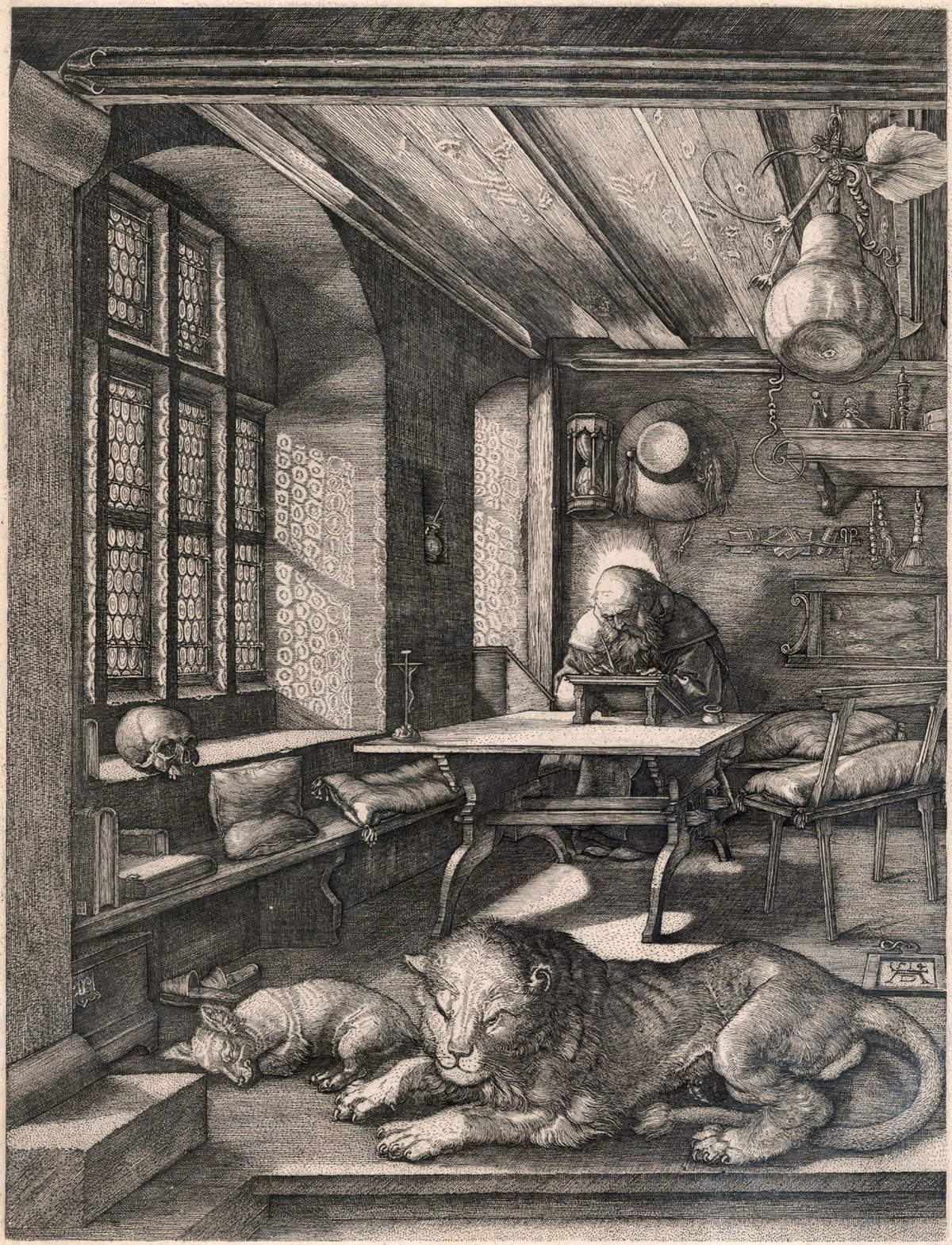 Albrecht Dürer, San Girolamo nello studio (1511; xilografia,  235 x 160 mm, esemplare con piccoli margini; esemplare di unico stato, con caratteristiche simili alla variante E secondo Meder; iscrizioni: data in basso a destra, monogramma AD in basso al centro; Pavia, Musei Civici)