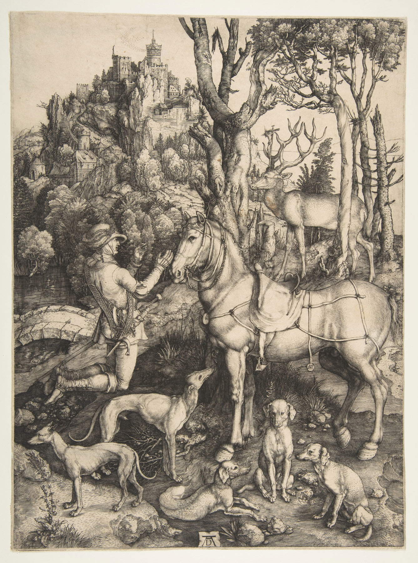  Albrecht Dürer (Nuremberg, 1471 - 1528), Vision de saint Eustache (vers 1501 ; gravure, 350 x 259 mm ; New York, Metropolitan Museum)