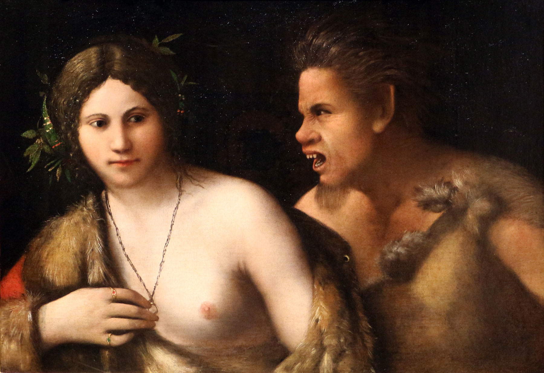 Dosso Dossi, Nymphe et Satyre (vers 1508-1510 ; huile sur toile, 57,8 x 83,2 cm ; Florence, Galeries des Offices, Galerie Palatine du Palazzo Pitti)