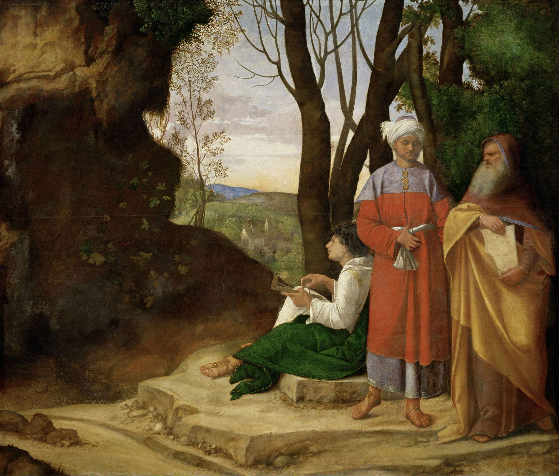 Giorgione (Giorgio Barbarelli? ; Castelfranco Veneto, 1478 - Venise, 1510), Les trois philosophes (vers 1506-1508 ; huile sur toile, 123,5 x 144,5 cm ; Vienne, Kunsthistorisches Museum)