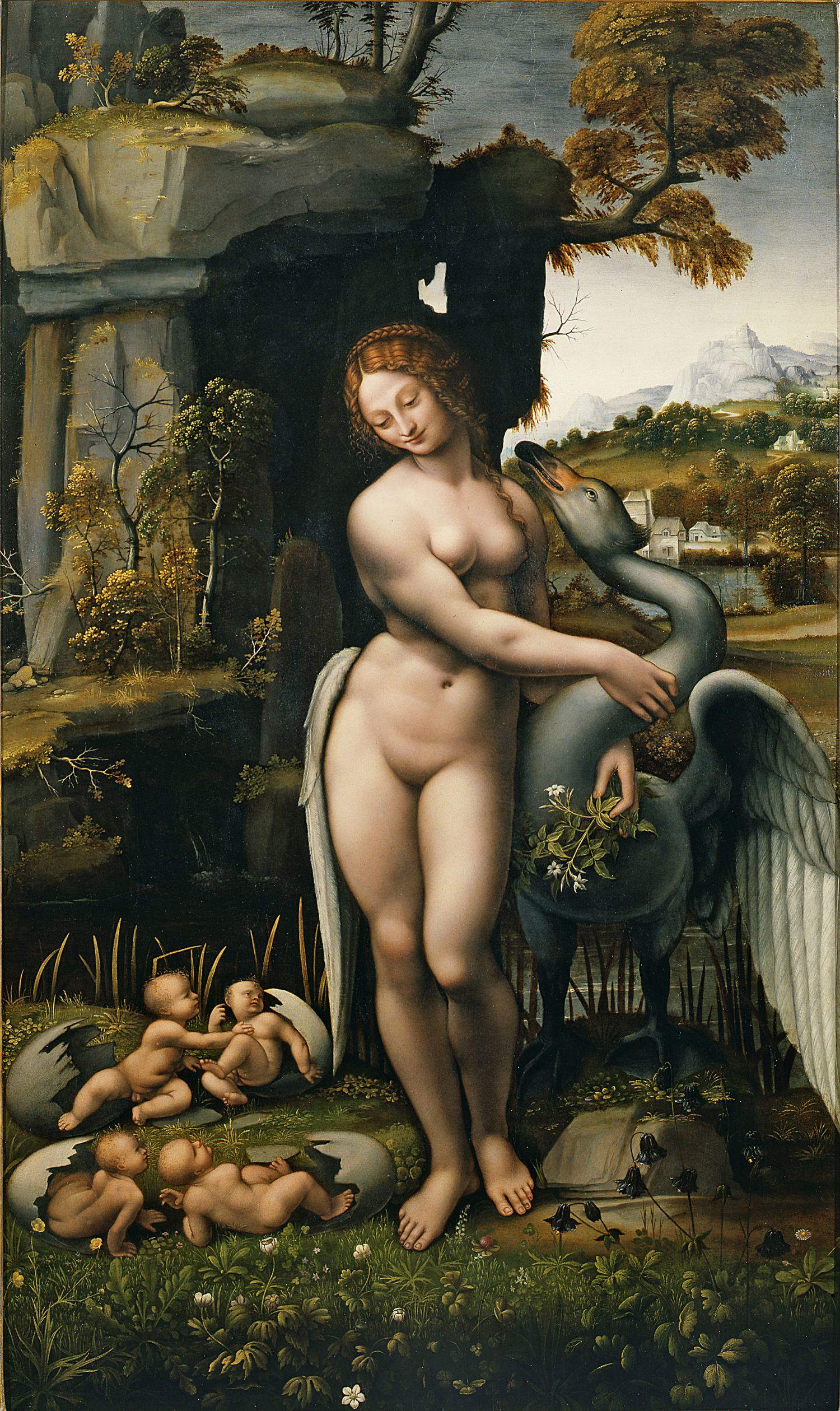 Peintre léonardesque, Léda et le cygne (vers 1505-1507 ; huile sur panneau, 130 x 77,5 cm ; Florence, Galerie des Offices)