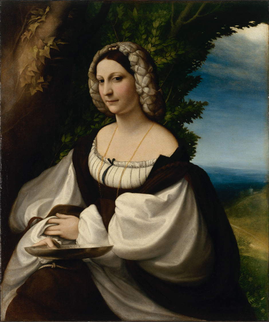 Antonio Allegri dit Le Corrège (Corrège, 1489 - ivi 1534), Portrait d'une dame ; huile sur toile, 103 x 87,5 cm ; Saint-Pétersbourg, Ermitage. Elle porte la signature ANTON LAET (Antonius Laetus) à la hauteur du visage du portrait.