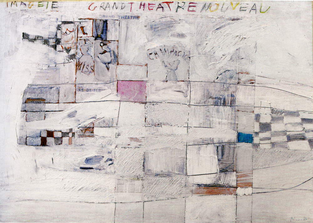 Gastone Novelli, Grand theatre (1962; Öl, Farbpastell, Collage und Bleistift auf Leinwand; 50 x 69,5 cm)