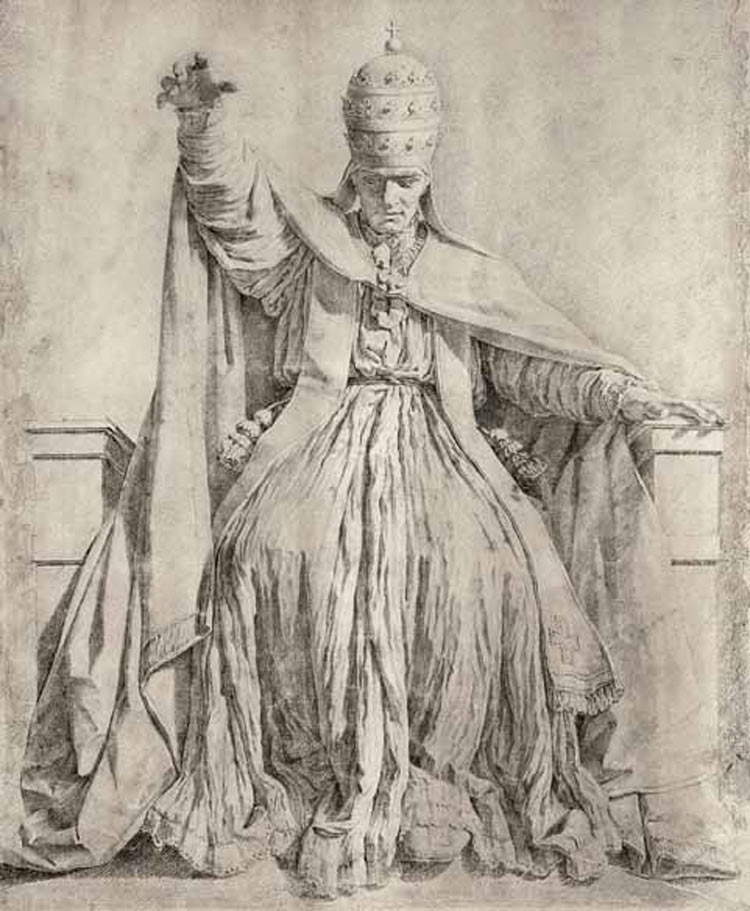 Antonio Canova (Giovanni Tognoli?), Clément XIV (crayon et aquarelle grise sur papier blanc jauni, 582 x 465 mm ; Venise, Museo Correr, Gabinetto dei Disegni e delle Stampe, inv. cl. III, 1472)